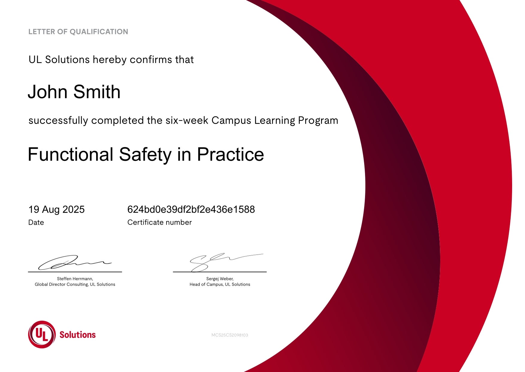 Functional Safety in Practice example letter of qualification